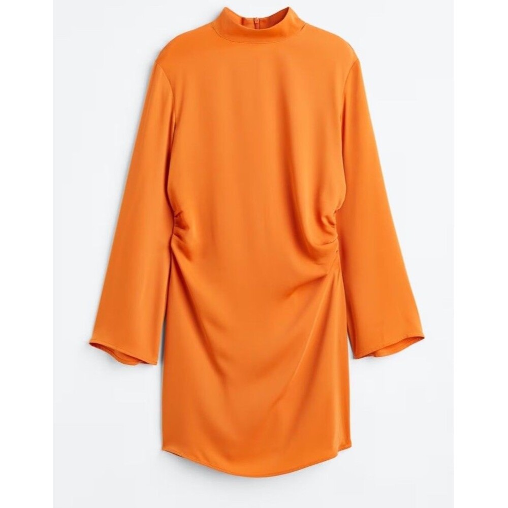 H&M Orange Gathered Mini Long Sleeve Draped Dress Women’s Size Large